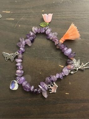 Amethyst Chip Charm Bracelet with Pink Flower and Orange Tassel